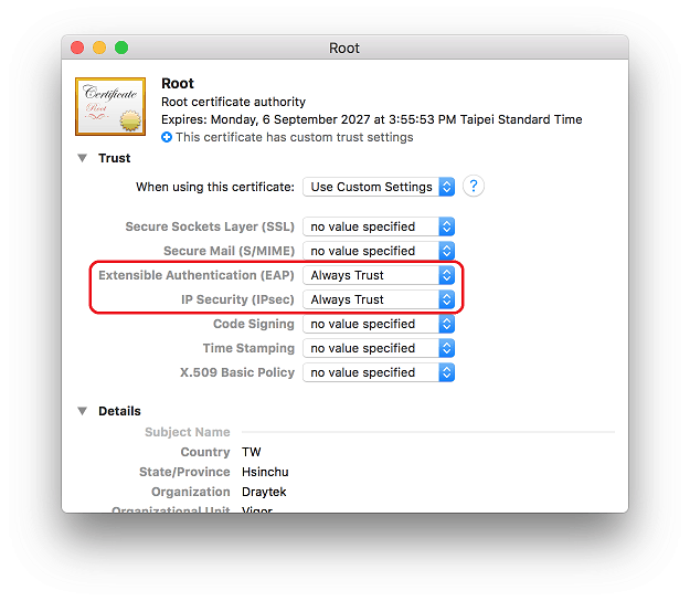 a screenshot of macOS root certificate authority settings